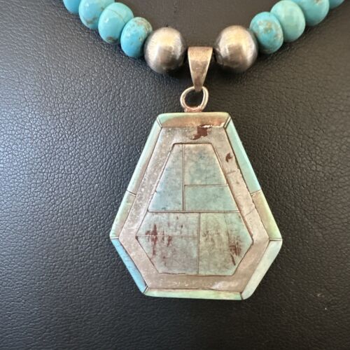 Navajo Turquoise Inlay Pendant Necklace | Sterling Silver | Authentic Native American Handmade | 17076