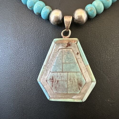 Navajo Turquoise Inlay Pendant Necklace | Sterling Silver | Authentic Native American Handmade | 17076