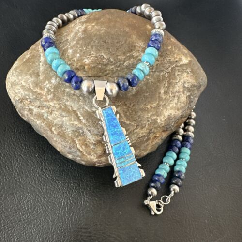 Navajo Opal Inlay Pendant Turquoise & Lapis | Sterling Silver Necklace | Native American Handmade | 16847