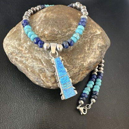 Navajo Opal Inlay Pendant Turquoise & Lapis | Sterling Silver Necklace | Native American Handmade | 16847