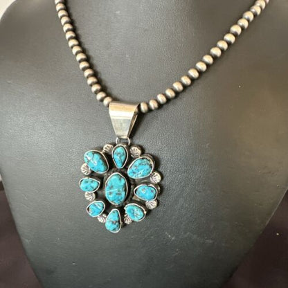 Navajo Blue Kingman Turquoise Cluster Pendant | Sterling Silver | 2" | Authentic Native American Handmade | 17418