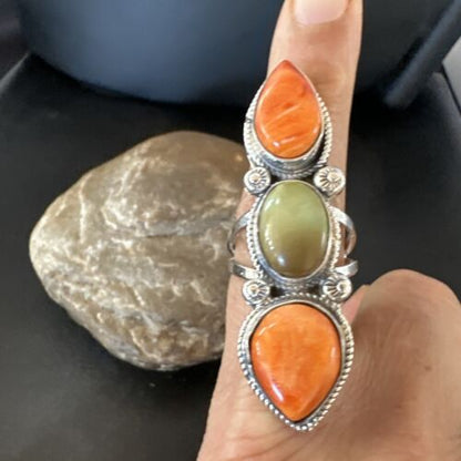 Navajo Green Turquoise Spiny Oyster Multi-Stone Ring | Authentic Native American Sterling Silver | Sz 10 | 16713
