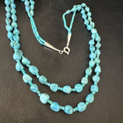 Navajo Blue Nugget Turquoise Necklace | 2 Strand | Sterling Silver | 20" | Authentic Native American Handmade | 15342