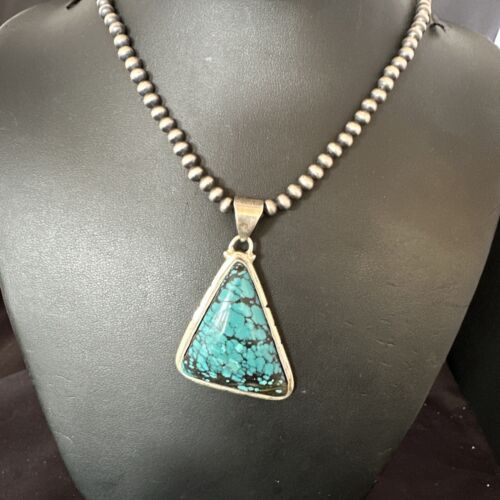 Men's Navajo Blue Spiderweb Turquoise Pendant Necklace | Sterling Silver | Authentic Native American Handmade | 16214