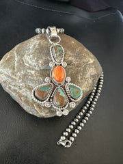Navajo Green Turquoise Spiny Oyster Pendant Necklace | Sterling Silver | 16832