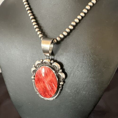 Navajo Red Spiny Oyster Pendant Necklace | Sterling Silver | Authentic Native American Handmade | 17560