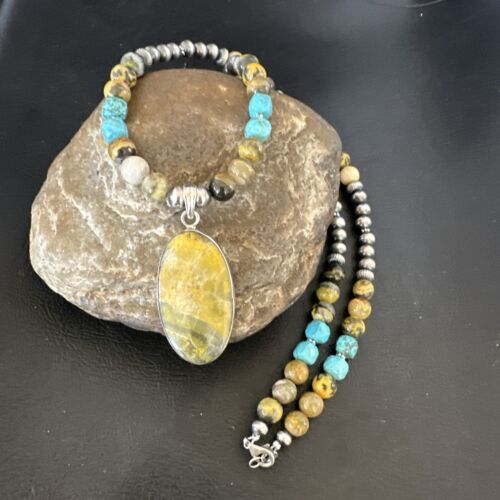 Men's BumbleBee Jasper Pendant Necklace | Navajo Pearls | Sterling Silver | Authentic Native American Handmade | 16876