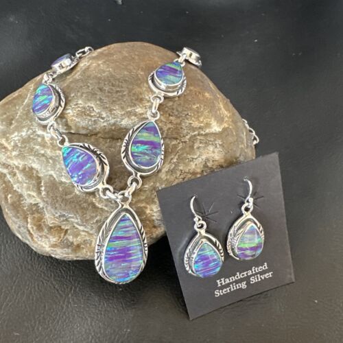 Navajo Purple Opal Lariat Necklace Set | Sterling Silver Pendant & Earrings | Authentic Native American Handmade | 16258 - Masha USA