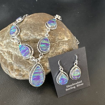 Navajo Purple Opal Lariat Necklace Set | Sterling Silver Pendant & Earrings | Authentic Native American Handmade | 16258 - Masha USA