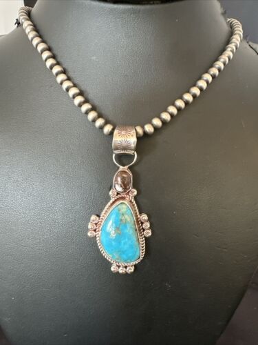 Navajo Blue Kingman Turquoise Wild Horse Pendant Necklace | Sterling Silver | Authentic Native American Handmade | 17223