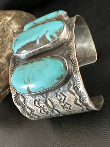 XL Men's Kingman Blue Turquoise 3 Stone Cuff Bracelet | Navajo Sterling Silver | 15857