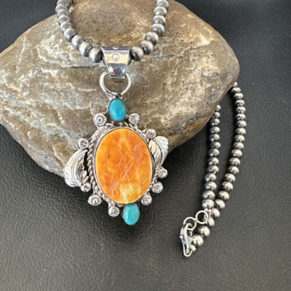 Navajo Orange Spiny Oyster Blue Turquoise Pendant Necklace | Sterling Silver | 20" | 16459