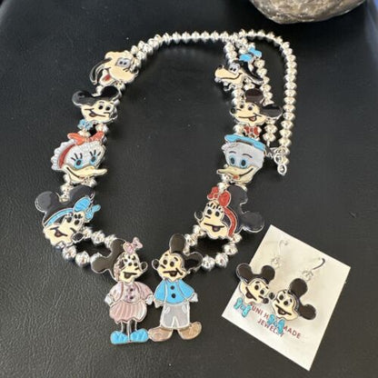 Disney Mickey Minnie Zuni Necklace Pendant | Sterling Silver Inlay | Authentic Native American Handmade | 16073