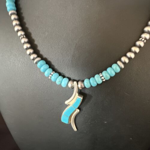 Navajo Blue Turquoise Pendant Necklace | Sterling Silver with Pearls | Authentic Native American Handmade | 15376