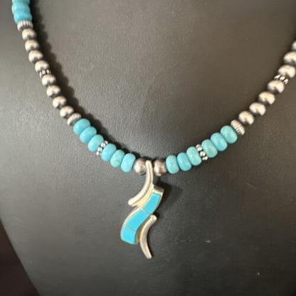 Navajo Blue Turquoise Pendant Necklace | Sterling Silver with Pearls | Authentic Native American Handmade | 15376