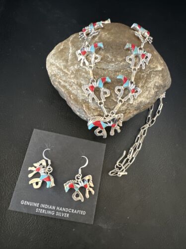 Navajo Turquoise Coral Mother of Pearl Horse Inlay Necklace & Earrings Set | Sterling Silver | Authentic Native American Handmade
