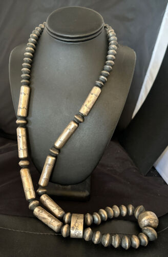 Navajo Stamped Bench Bead Necklace | Sterling Silver | 30" | Authentic Native American Handmade | 16727