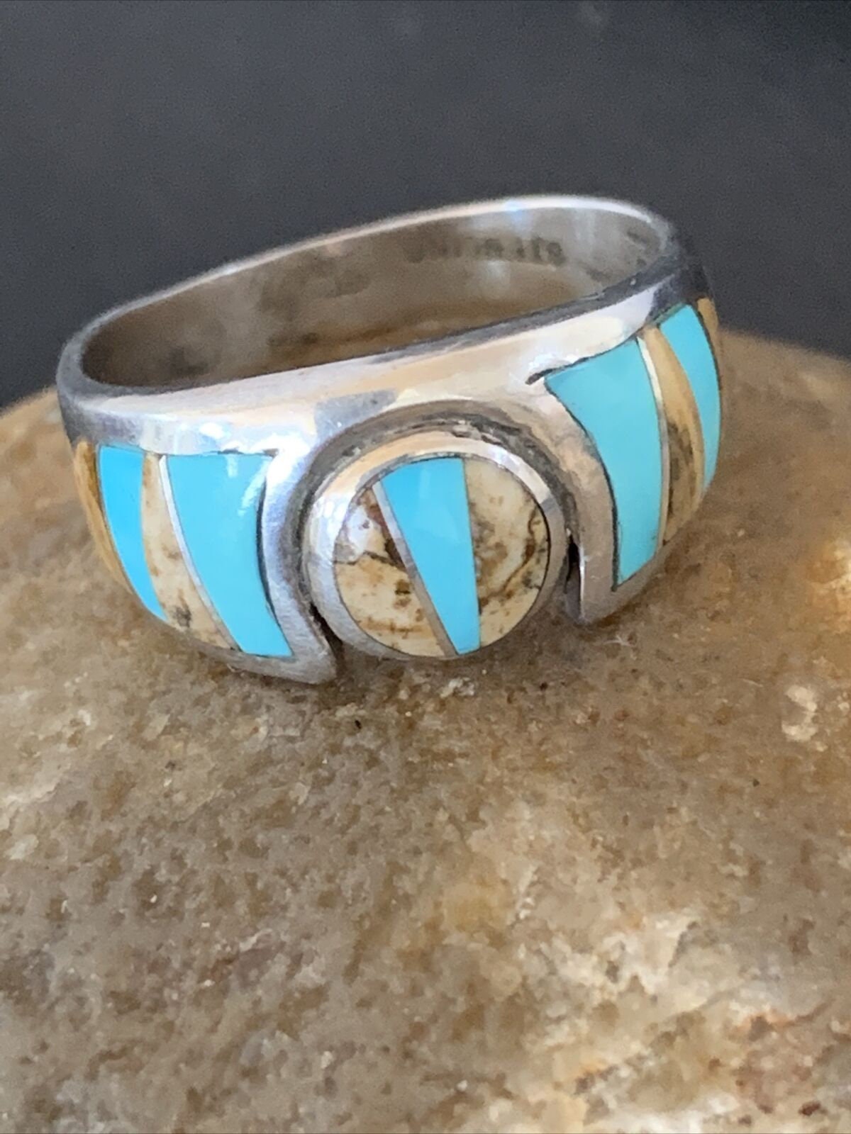 Navajo Coffee Picture Jasper Turquoise Inlay Ring | Sterling Silver | Sz 8.5 | 10982