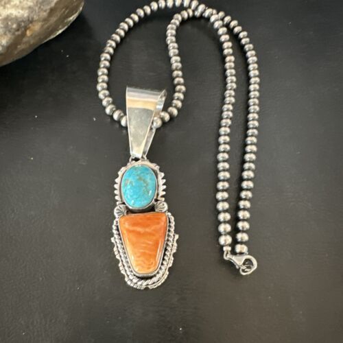 Navajo Blue Kingman Turquoise Spiny Pendant Necklace | Sterling Silver | Multi-Stone | 16825