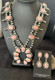 Navajo Pink Conch Squash Blossom Necklace with Naja Pendant | Authentic Native American Handmade | 17441