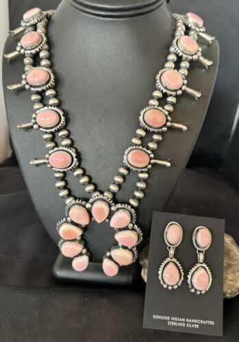 Navajo Pink Conch Squash Blossom Necklace with Naja Pendant | Authentic Native American Handmade | 17441