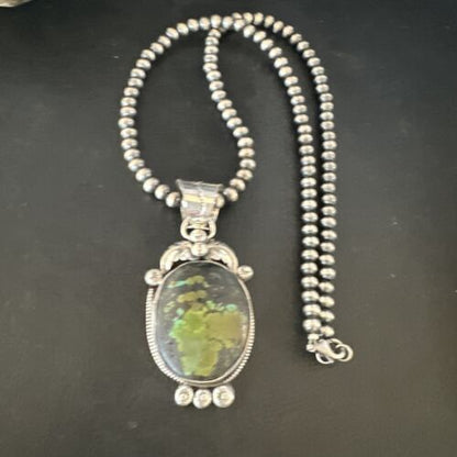 Navajo Green Turquoise Pendant Necklace | Sterling Silver | Authentic Native American Handmade | 15039