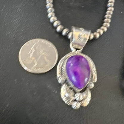 Navajo Purple Sugilite Pendant with Pearls | Sterling Silver Necklace | Authentic Native American Handmade | 15452