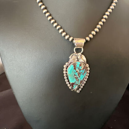 Navajo Blue Turquoise Pendant Necklace | Sterling Silver Pearls | Authentic Native American Handmade | 15642