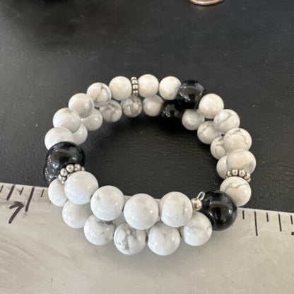 Memory Wire Stainless Steel Howlite Onyx Bead Bracelet 17617
