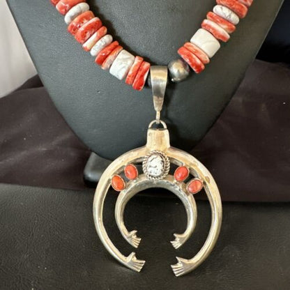 Navajo White Buffalo Spiny Oyster Naja Pendant Necklace | Sterling Silver | 25" | Authentic Native American Handmade | 17421