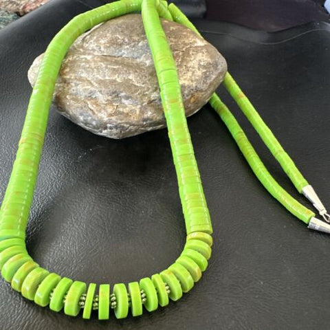 Green Gaspeite Stabilized Navajo Sterling Silver Necklace 29” 16466