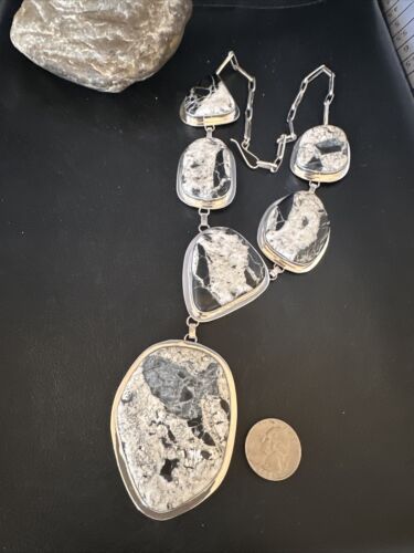 Navajo XL White Buffalo Turquoise Lariat Necklace  | Authentic Native American Sterling Silver | 14992