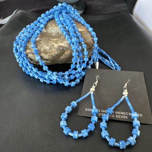 Navajo Blue Denim Lapis Necklace Earrings Set | 5-Strand Sterling Silver | Authentic Native American Handmade | 15772