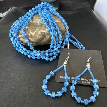 Navajo Blue Denim Lapis Necklace Earrings Set | 5-Strand Sterling Silver | Authentic Native American Handmade | 15772