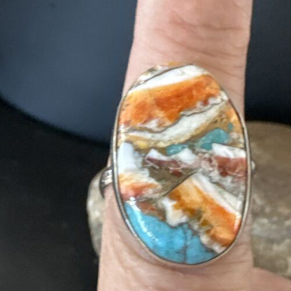 Navajo Turquoise Spiny Oyster Ring | Sterling Silver | Sz 8 | Authentic Native American Handmade | 16614