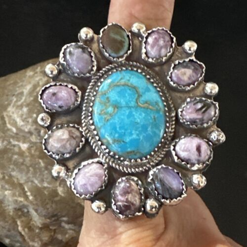 Navajo Cluster Blue Kingman Turquoise Charoite Ring | Authentic Native American Sterling Silver | Multi-Stone | Sz 9.5 | 17178