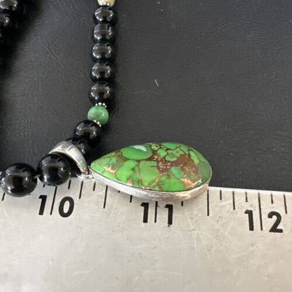 Green Mojave Turquoise & Onyx Pendant | Navajo Pearl Sterling Silver Necklace 21" | 17499