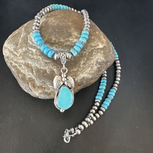 Navajo Blue Turquoise Pendant with Pearls | Sterling Silver Necklace | Authentic Native American Handmade | 15416