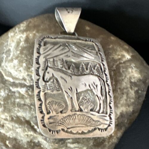 Navajo Stamped Horse Pendant Necklace | Sterling Silver | 2.5" | Authentic Native American Handmade | 15171