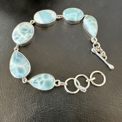 Navajo Blue Larimar Link Bracelet | Sterling Silver | 8" | Authentic Native American Handmade | 16074