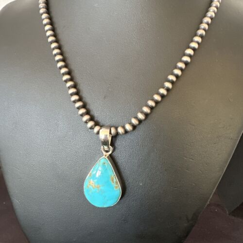 Navajo Blue Kingman Turquoise Pendant Necklace | Sterling Silver | 20" | Authentic Native American Handmade | 16674