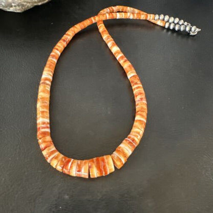 Navajo Graduated Orange Spiny Oyster Necklace | Sterling Silver | Authentic Native American | 18" | 16264
