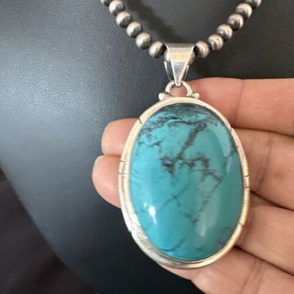 Men's Navajo Blue Spiderweb Turquoise Pendant Necklace | Sterling Silver | Authentic Native American Handmade | 16197