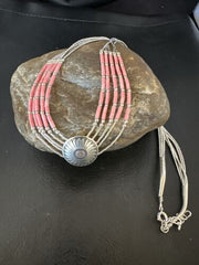 Navajo Concha Pink Conch Heishi 5-Strand Liquid Sterling Silver Necklace 20" | Southwestern Jewelry 15873