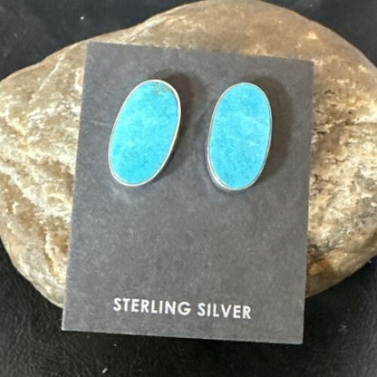 Navajo Blue Kingman Turquoise Post Stud Earrings | Sterling Silver | Authentic Native American Handmade | 17411