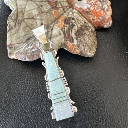 Navajo White Opal Inlay Pendant Necklace | Sterling Silver | Authentic Native American Handmade | 15679