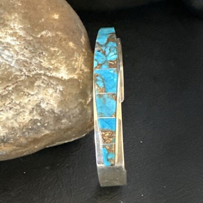 Navajo Men's Blue Mojave Turquoise Inlay Bracelet | Sterling Silver | Authentic Native American Handmade | 15065 - Masha USA