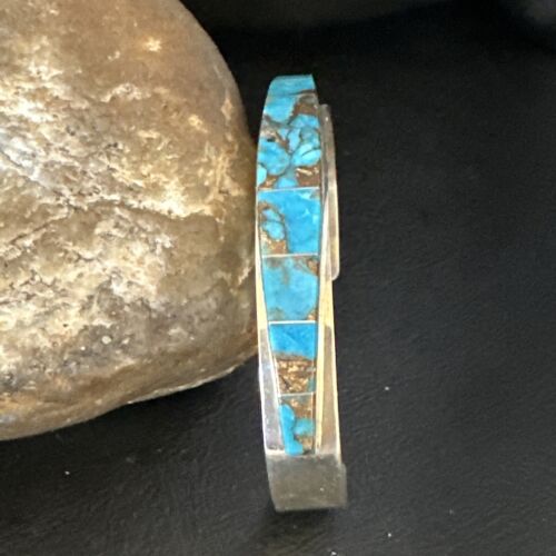 Navajo Men's Blue Mojave Turquoise Inlay Bracelet | Sterling Silver | Authentic Native American Handmade | 15063