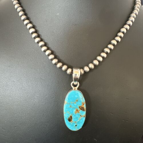 Navajo Blue Kingman Turquoise Pendant with Pearls | Sterling Silver Necklace | 20" | 16994