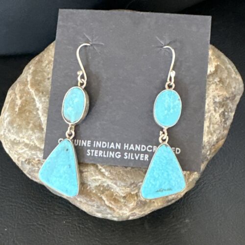 Navajo Blue Kingman Turquoise Dangle Earrings | Sterling Silver | Authentic Native American Handmade | 15103